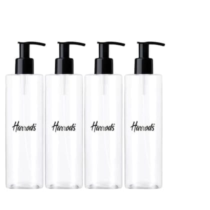 Harrods Empty Shampoo Pump Bottles Refillable Dispenser Container Liquid Soap Dispenser Pump Lotion Bottle Plastic Cylinder with Black Pumps (Transparent Bottle-4pc)