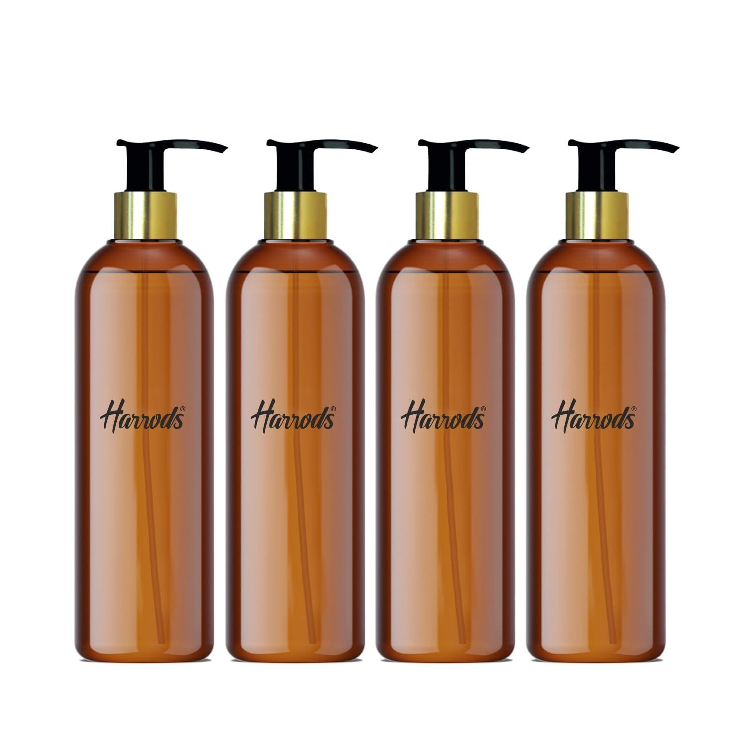 Harrods Empty Shampoo Pump Bottles Refillable Dispenser Container Liquid Soap Dispenser Pump Lotion Bottle Plastic Cylinder with Golden Pumps (Amber Bottle-4pc)