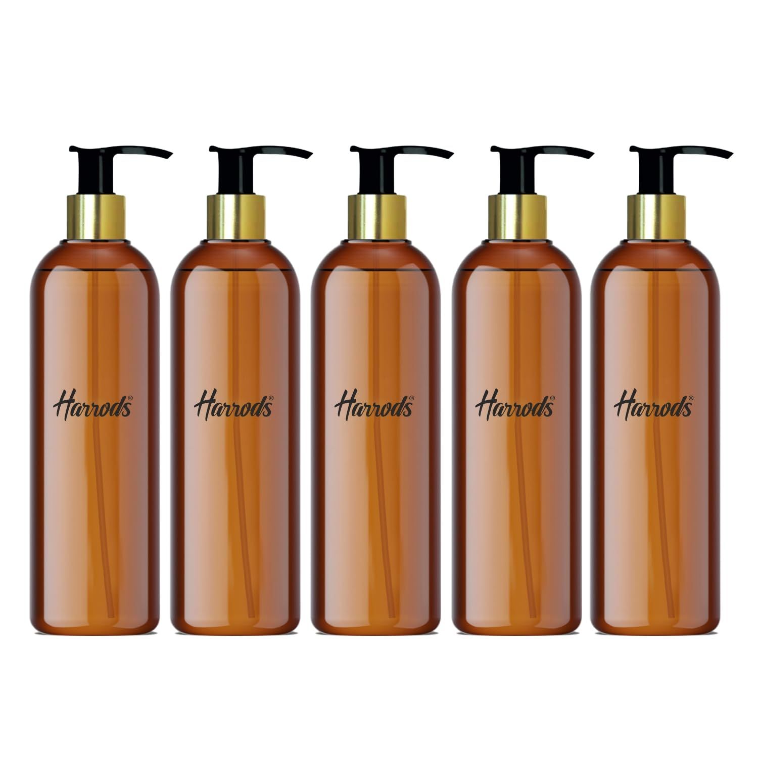 Harrods Empty Shampoo Pump Bottles Refillable Dispenser Container Liquid Soap Dispenser Pump Lotion Bottle Plastic Cylinder with Golden Pumps (Amber Bottle-5pc)