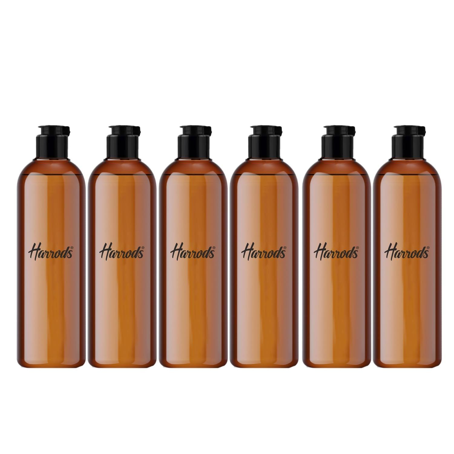 HARRODS 200ml Amber Empty Clear Plastic Bottles Refillable Travel Size Cosmetic Travelling Containers Small Leak Proof Squeeze Bottles with Black Flip Cap for Toiletries,Shampoo (Pack of 6)