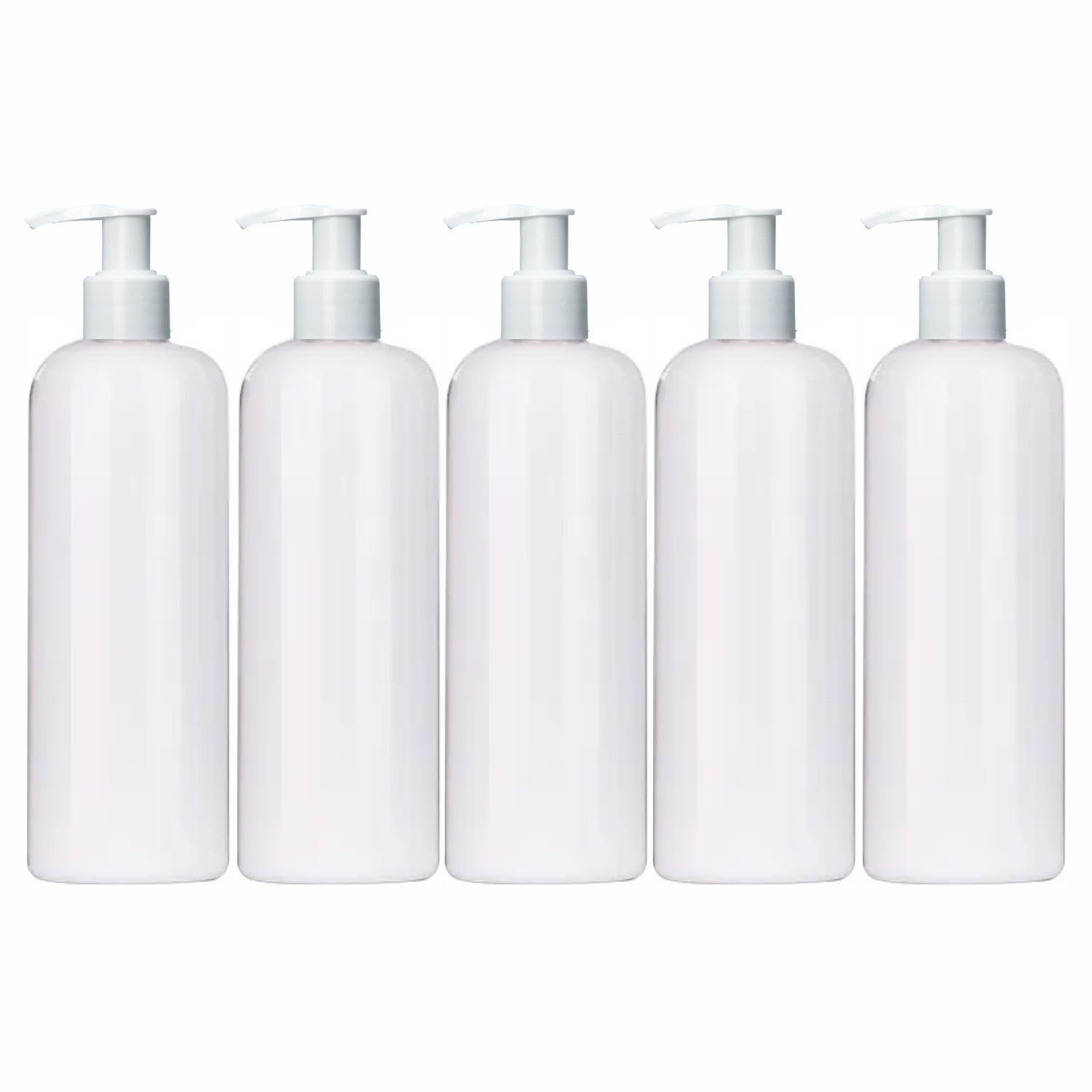 Harrods White Empty Shampoo Pump Bottles Refillable Dispenser Container Liquid Soap Dispenser Pump Lotion Bottle Plastic Cylinder with Pumps - 500ml Each Pack of 5