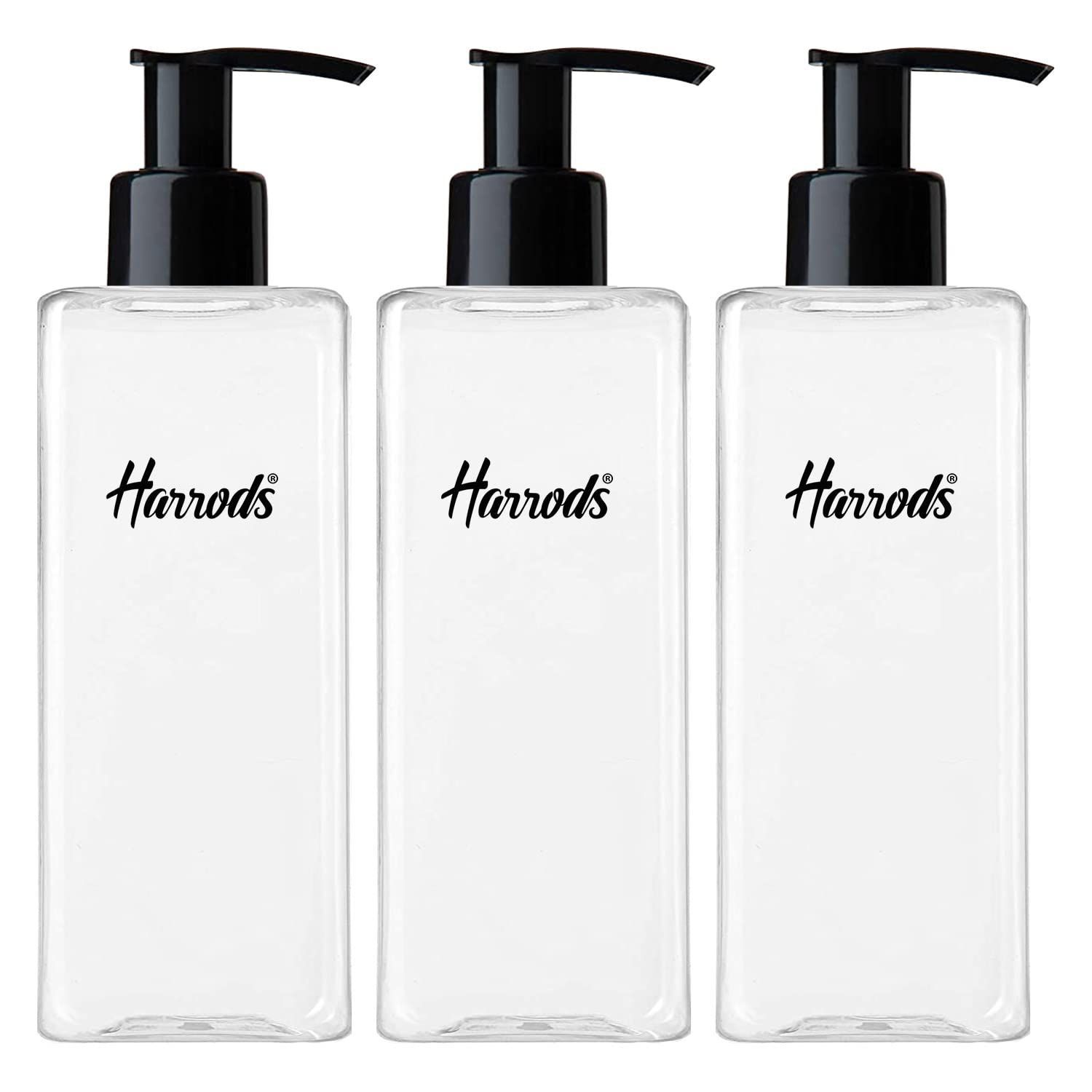 HARRODS Empty Clear Plastic Square Pump Bottles Refillable Travel Size Cosmetic Travelling Containers Small Leak Proof Squeeze Bottles for Toiletries, Shampoo,Oil - 250ml Pack of 3