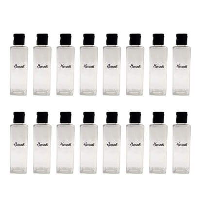 HARRODS Empty Clear Plastic Bottles Refillable Travel Size Cosmetic Travelling Containers Small Leak Proof Squeeze Bottles with Black Flip Cap for Toiletries, Shampoo - 100ml Pack of 16