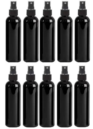 HARRODS 100ml Empty Plastic Transparent Refillable Fine Mist Black Spray Bottle for Saloon,Costemic, Hand Sanitizer, Toner, Perfume, Lotion, Oil, Travel use (Pack of 10)