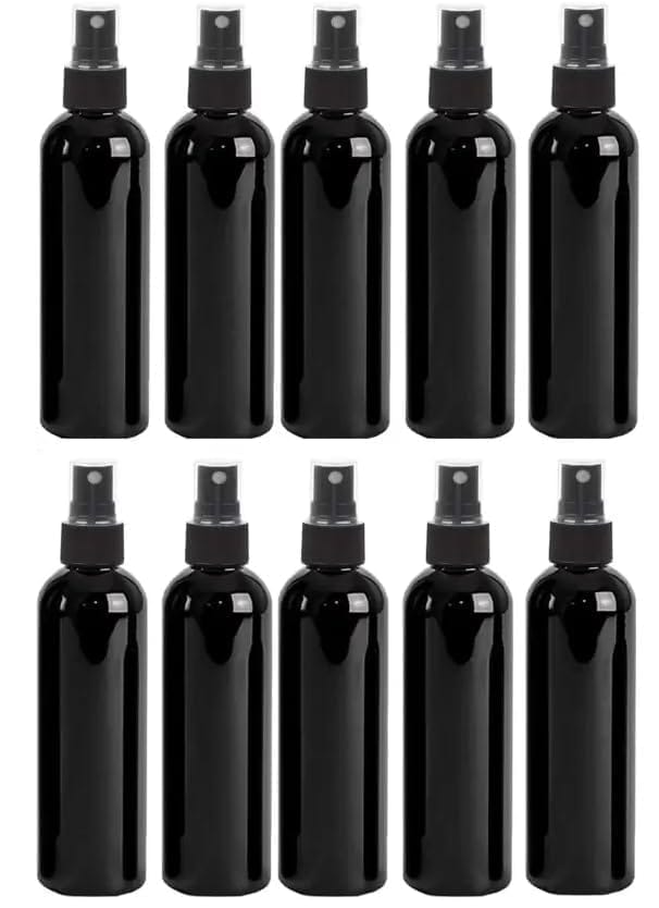 HARRODS 100ml Empty Plastic Transparent Refillable Fine Mist Black Spray Bottle for Saloon,Costemic, Hand Sanitizer, Toner, Perfume, Lotion, Oil, Travel use (Pack of 10)