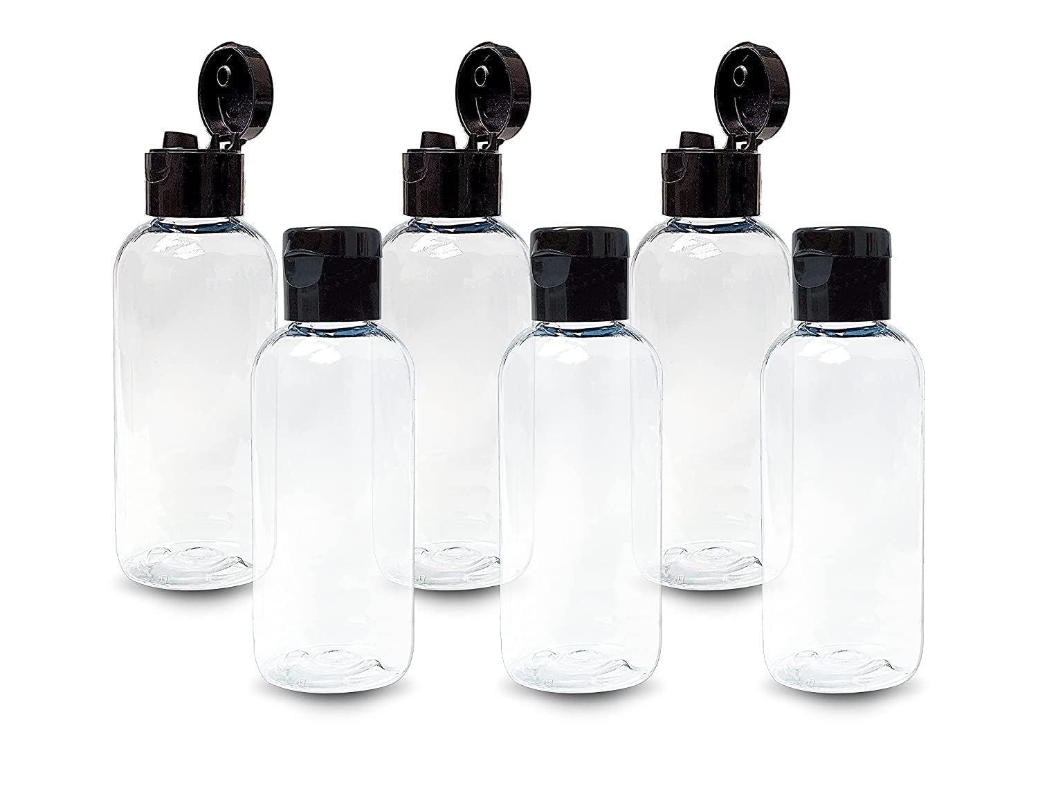 HARRODS 50ml Empty Clear Plastic Bottles Refillable Travel Size Cosmetic Containers Small Leak Proof Squeeze Bottles with Black Flip Cap for Toiletries,Shampoo. (Pack of 6)