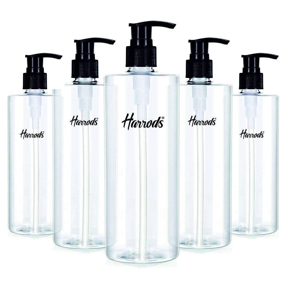 Harrods 5 Pieces - Empty Shampoo Pump Bottles Refillable Dispenser Container Liquid Soap Dispenser Pump Lotion Bottle Plastic Cylinder with Pumps - 500 ml Each (Transparent)