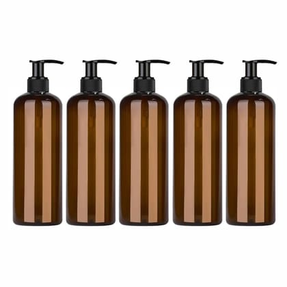 Harrods Amber Empty Shampoo Pump Bottles Refillable Dispenser Container Liquid Soap Dispenser Pump Lotion Bottle Plastic Cylinder with Pumps - 500ml Each Pack of 5