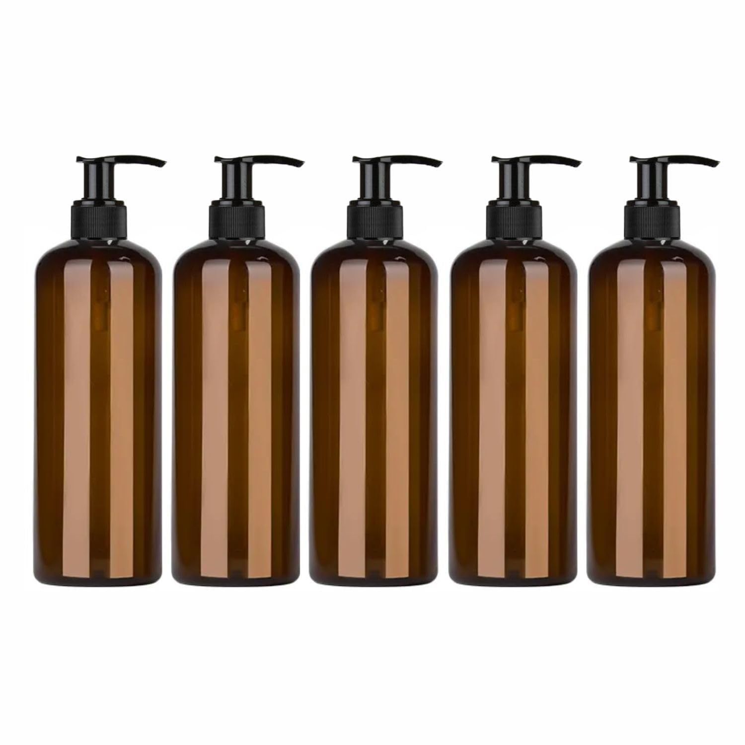 Harrods Amber Empty Shampoo Pump Bottles Refillable Dispenser Container Liquid Soap Dispenser Pump Lotion Bottle Plastic Cylinder with Pumps - 500ml Each Pack of 5