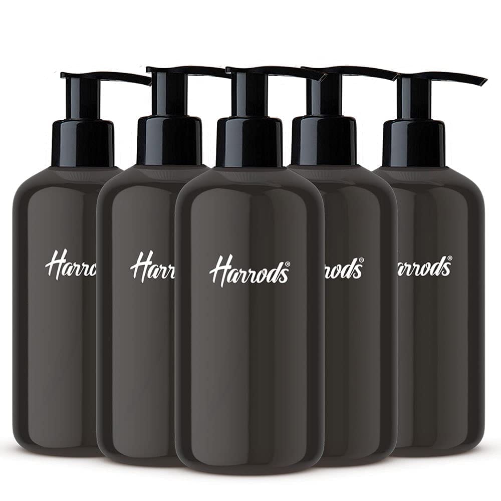 HARRODS Empty Plastic Pump Round Bottle, Black Bottle For oil, Liquid, Fogging, Room Spray, Rangoli and Hand wash 300ml (5Pcs)