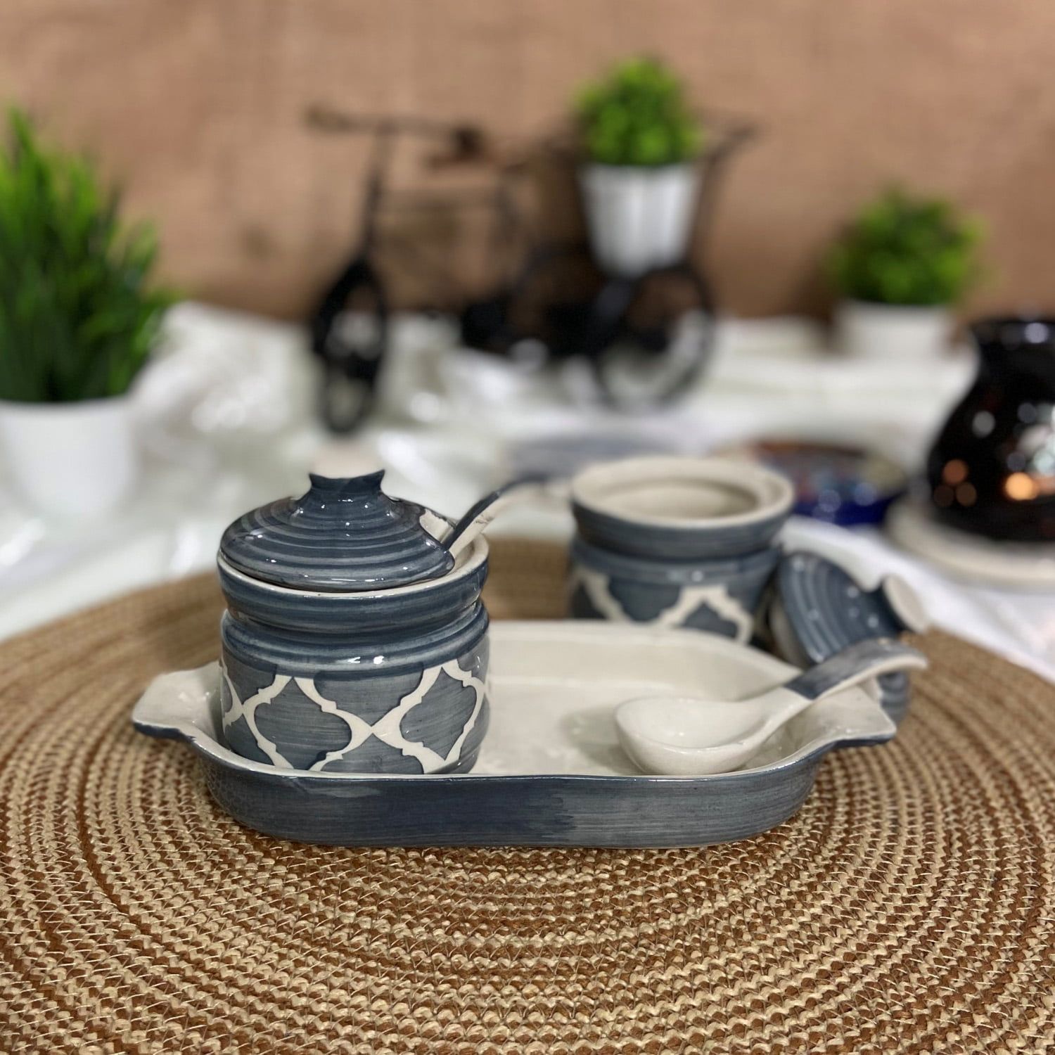 Ceramic Dining Moroccan Grey Two Pickle Ceramic Jars With Tray & Spoons