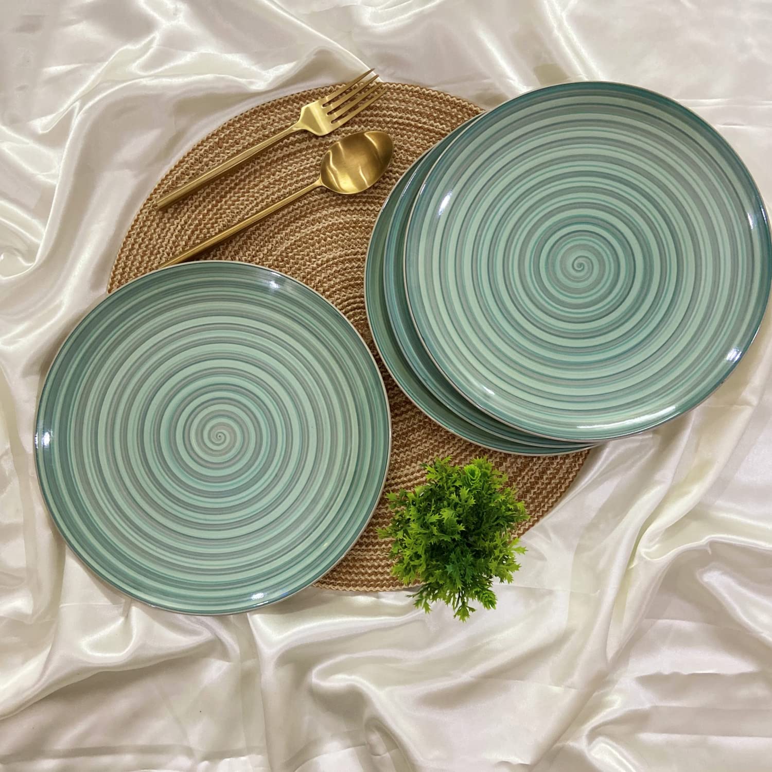Ceramic Dining Green & Grey Hand-Painted Ceramic 10.2Inchs Dinner Plates Set of 4