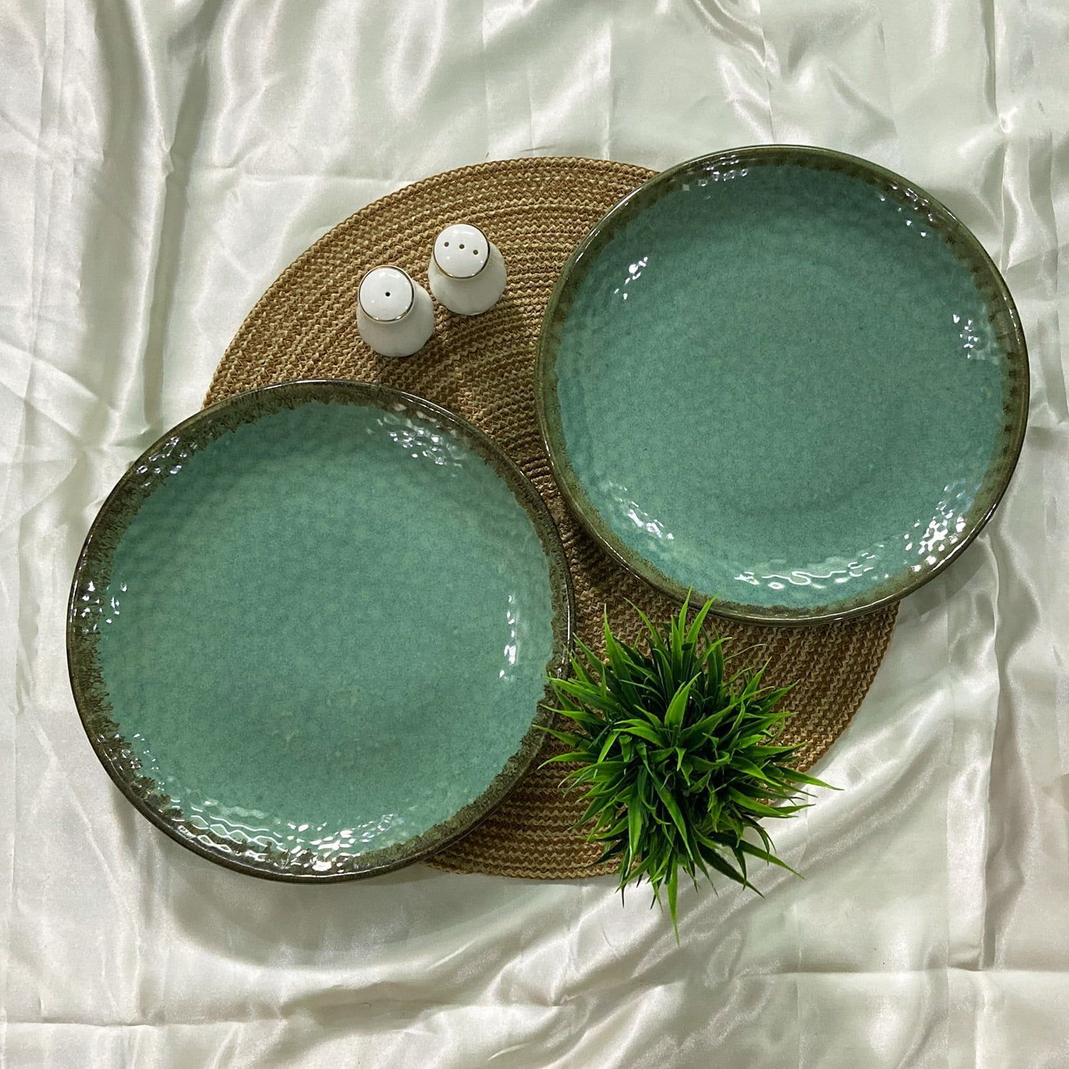 Ceramic Dining Sea Green Hammered Pattern Ceramic 10.2 Inches Dinner Plates Set of 2