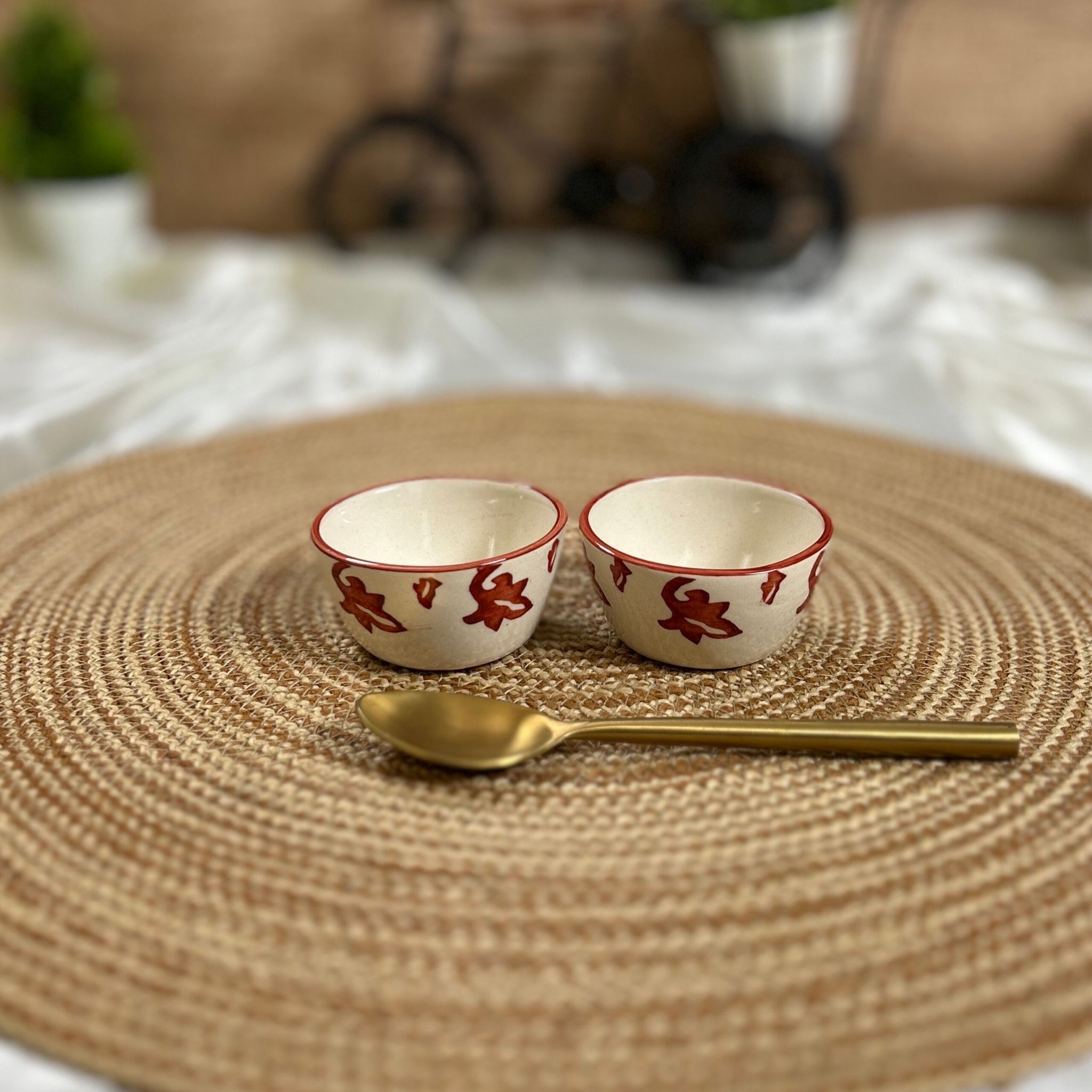 Ceramic Dining Brown and White Floral Ceramic Dip Bowls Set of 2 || Ketchup Bowls || Sauce Bowls || Chutney Bowls