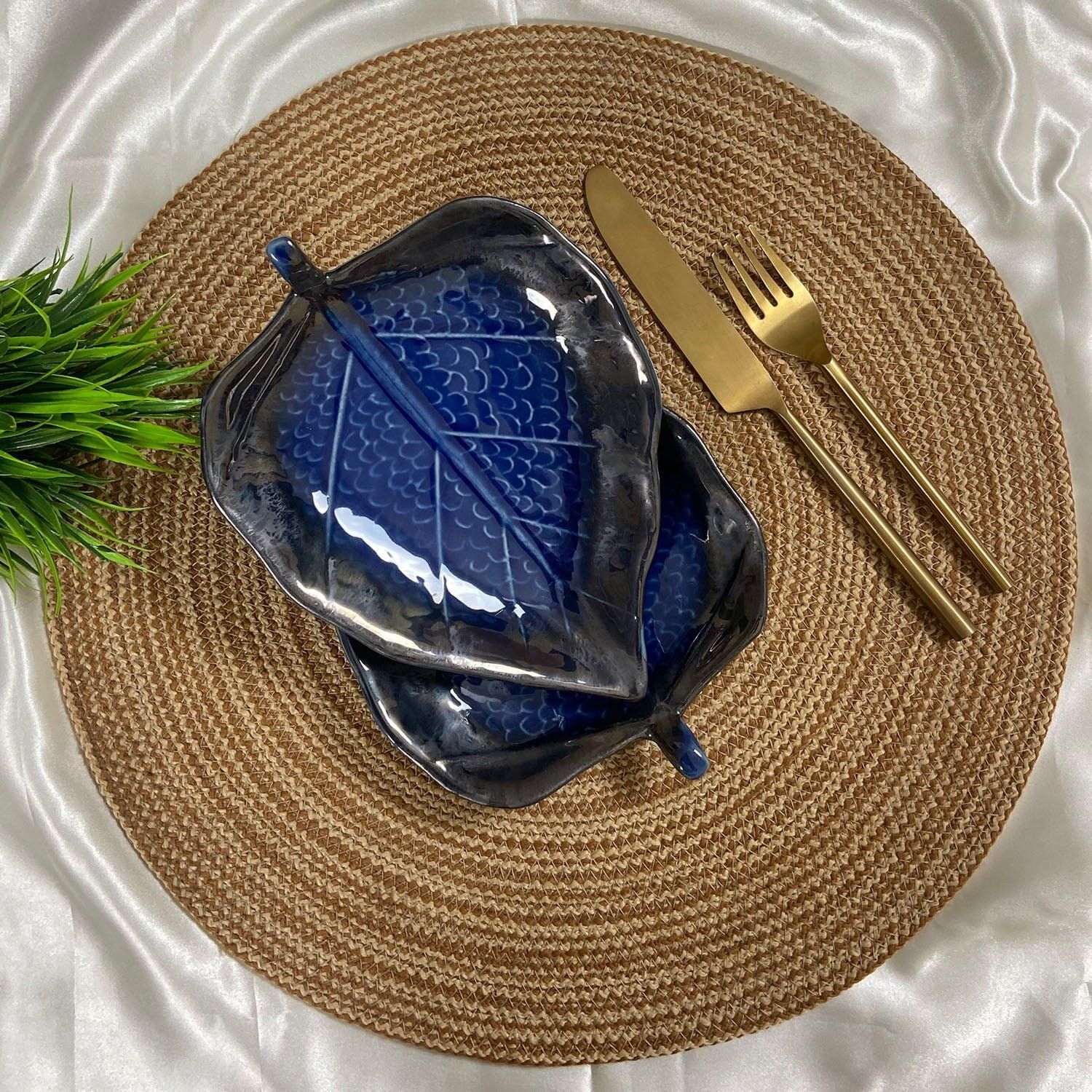 Ceramic Dining Royal Blue Paan Leaf shaped ceramic Platter Set of 2