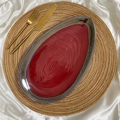 Ceramic Dining Red Almond Shaped Glazed Ceramic 13 Inches Serving Platter