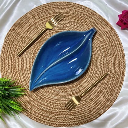 Ceramic Dining Studio Collection Navy Blue Leaf Shaped Ceramic Serving Platter