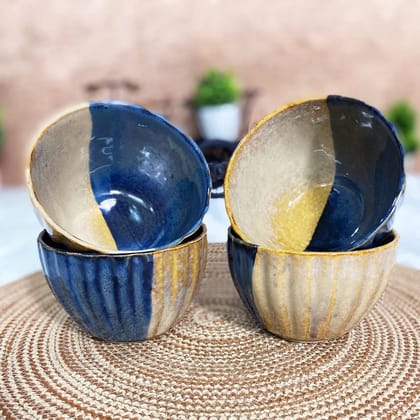 Ceramic Dining Studio Collection Half-Cut Blue & Brown Tulip Shaped Glazed Dinner Bowls Set of 4