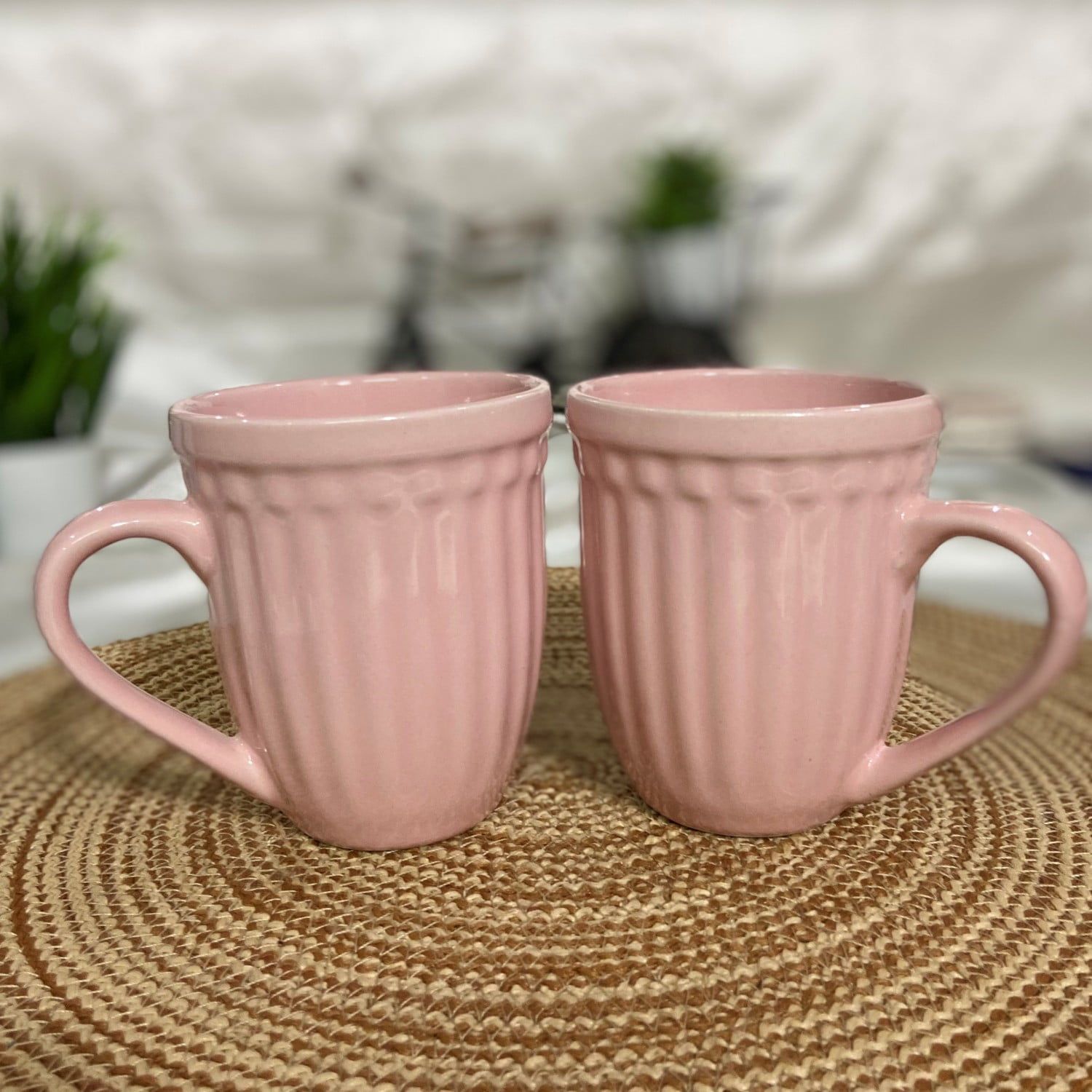 Ceramic Dining Matte Pink Linear Coffee Mugs Set of 2