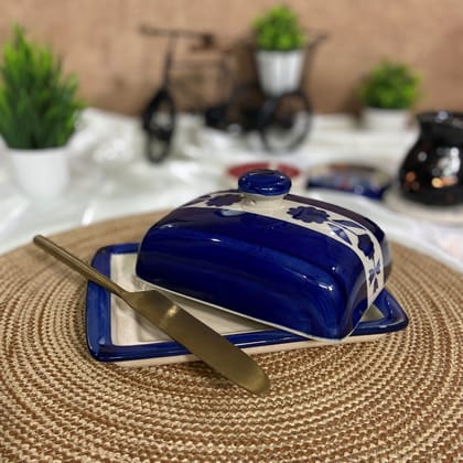 Ceramic Dining Royal Blue Floral Print Ceramic Butter Dish