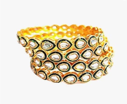 Kamaakshi White & Green Gold Plated Tear Drop Design Bangles For All Traditional Ocassion For Women