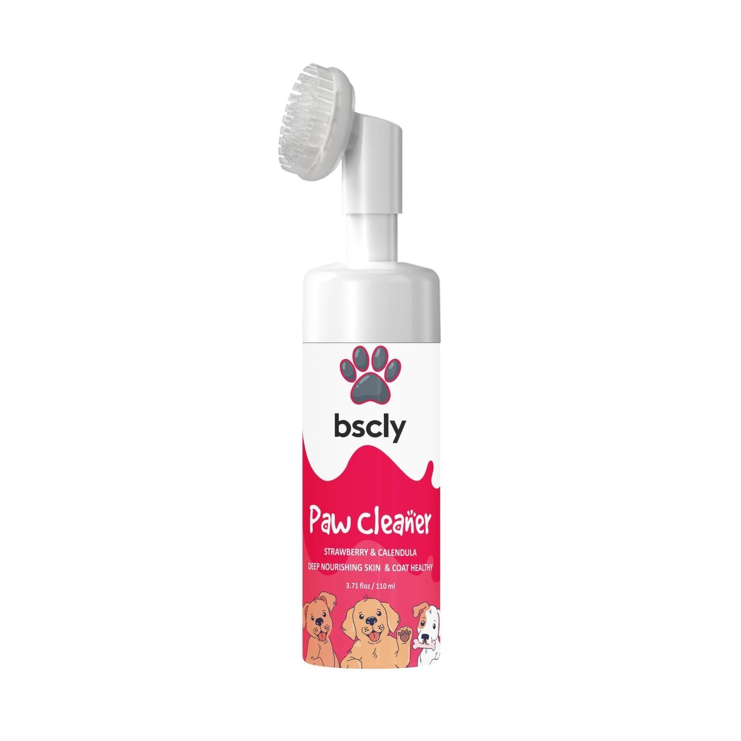 Bscly Paw Cleaner with Strawberry & Calendula for Dog Cat Waterless Foot Scrubber Cleaning Foam with Silicone Washer Brush - 120ml