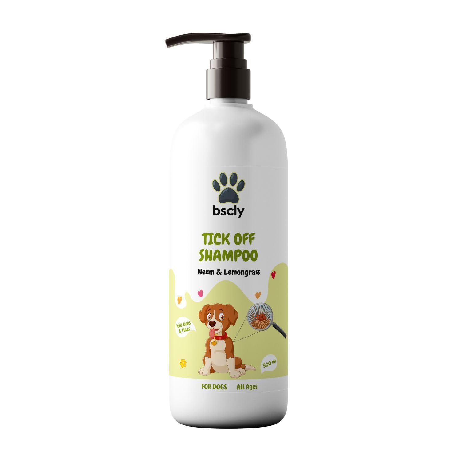 Bscly Tick Off Dog Shampoo 500ml |Ticks & Fleas Prevention | Enriched with Neem & Lemongrass | Moisturizes & Heals Skin | Suitable for Pomeranians to Golden Retrievers