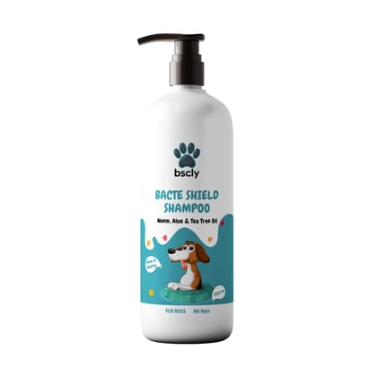 Bscly Bacte Shield Dog Shampoo 500ml | Enriched with Neem, Aloe & Tea Tree Oil | Moisturizes & Heals Skin | Suitable for Pomeranians to Golden Retrievers