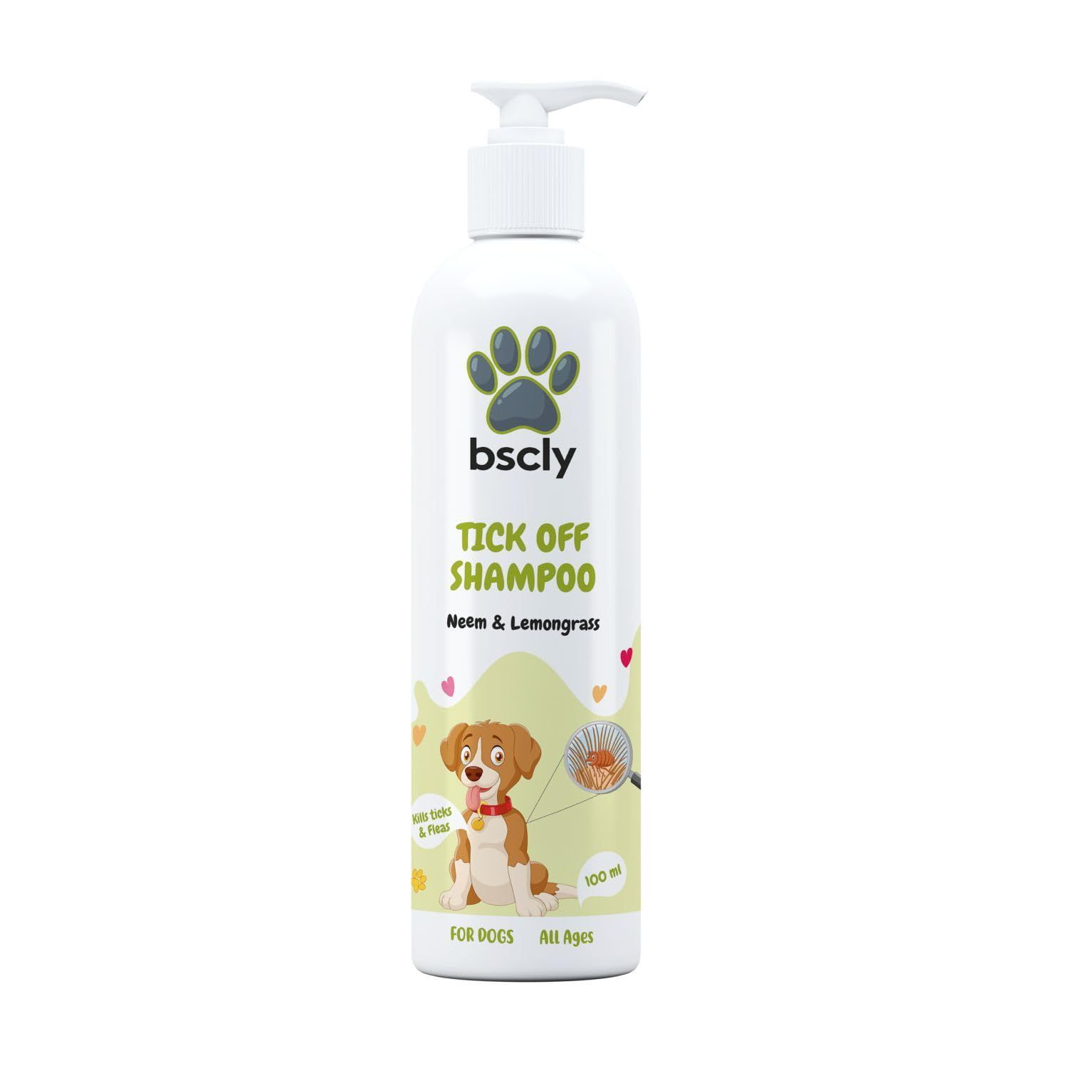 Bscly Tick Off Dog Shampoo - 100ml Ticks & Fleas Prevention - Enriched with Neem & Lemongrass - Moisturizes & Heals Skin - Suitable for Pomeranians to Golden Retrievers