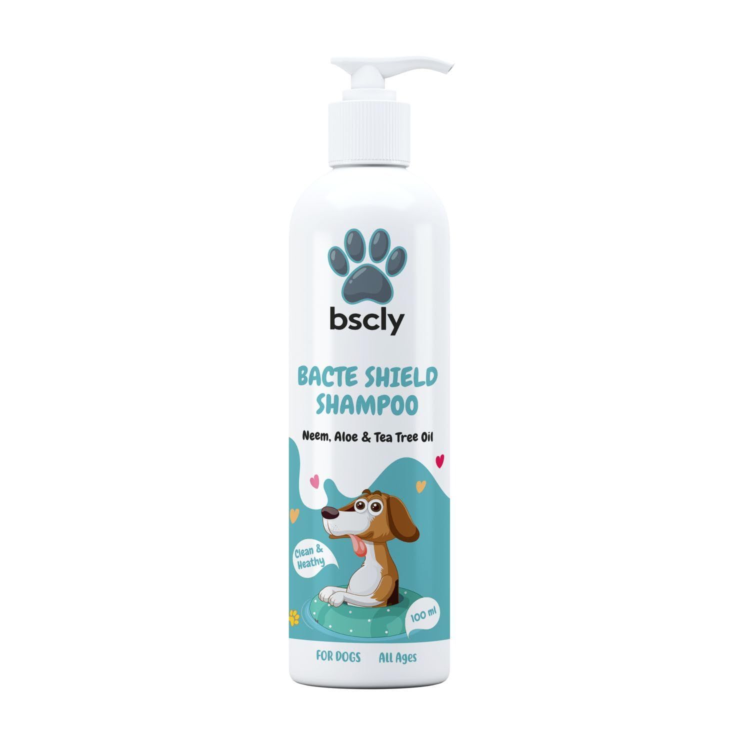 Bscly Bacte Shield Dog Shampoo 100ml | Enriched with Neem, Aloe & Tea Tree Oil | Moisturizes & Heals Skin | Suitable for Pomeranians to Golden Retrievers