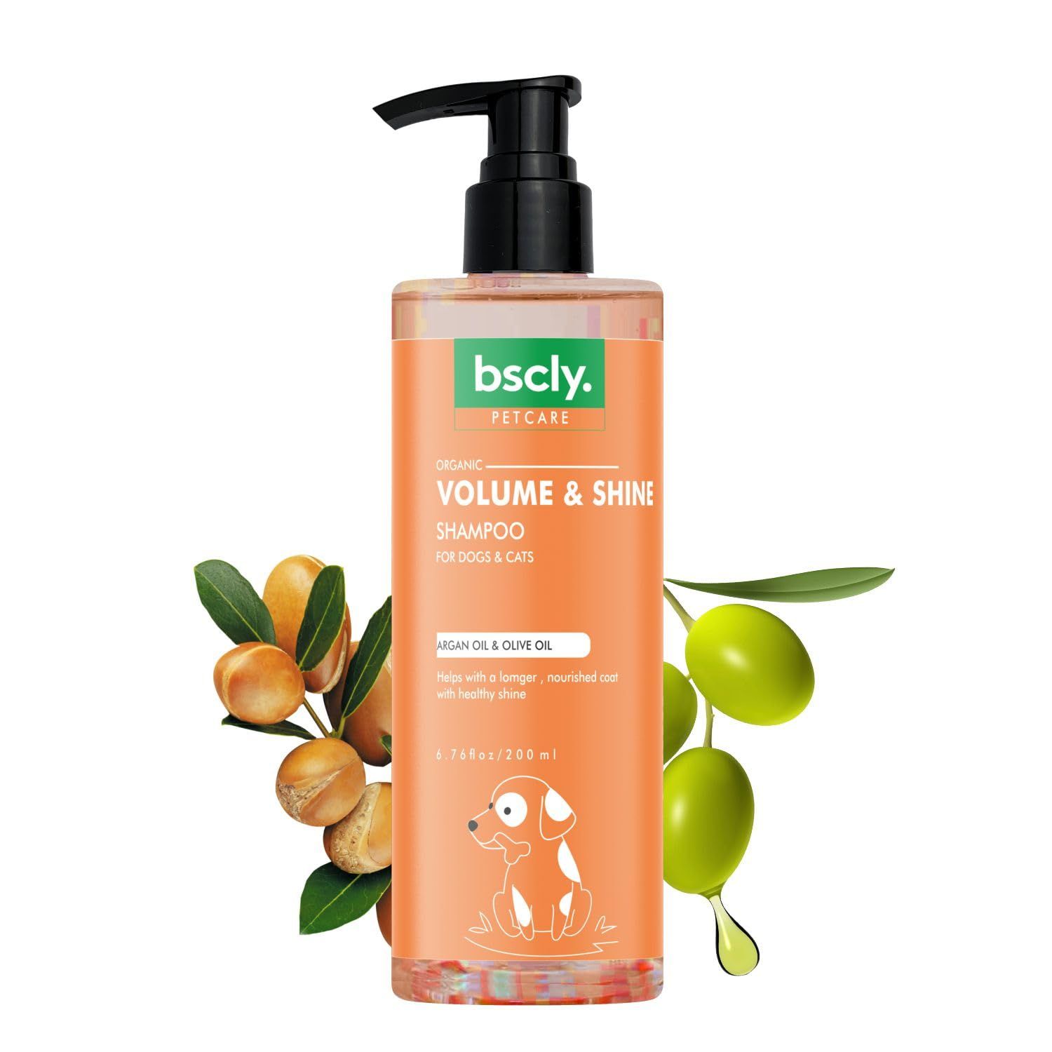 Bscly Volume & Shine with Argan & Olive Oil | Dog Shampoo for Pomeranian, Shih tzu Puppy, German Shepherd, Labrador & Golden Retriever, Dogs Shampoo | 200ml