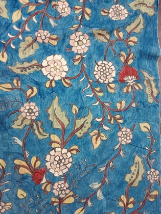 NVKS008-Sea Blue Color With Multicolorful Flower Blossom Kalamkari Material / 1.5 meters