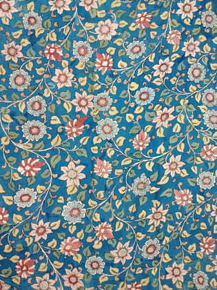 NVKS009-Dark Royal Blue Color With Multicolorful Flower Blossom Kalamkari Material / 2meters