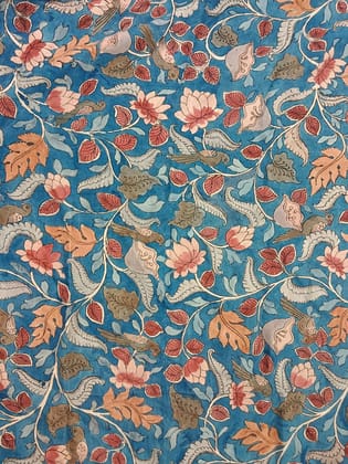 NVKS010-Greenish Blue Color With Multicolorful Flower Blossom Kalamkari Material / 3meters