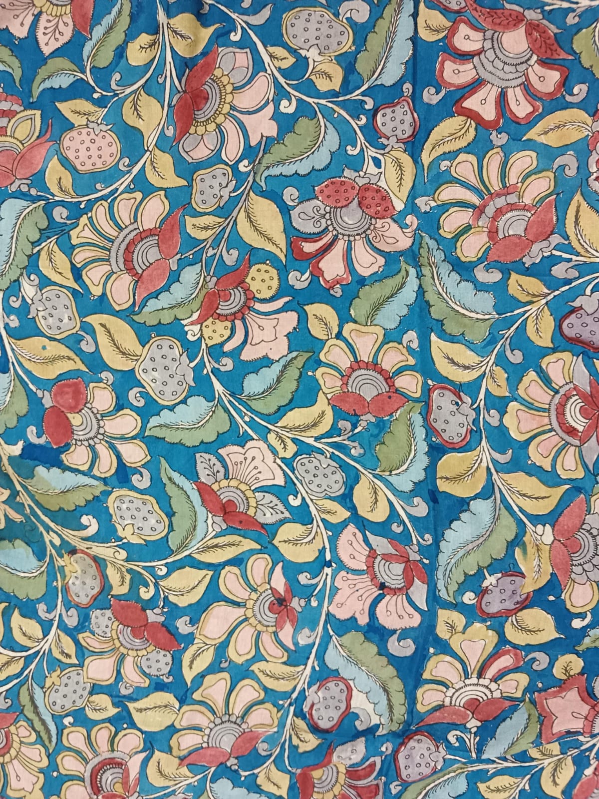 NVKS011-Congress Blue Color With Multicolorful Flower Blossom Kalamkari Material / 3meters