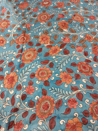 NVKS002-Moonstone Blue & Metallic Silver & Rosy Brown Tricolor With Multicolorful Flower Blossom Kalamkari Material / 3meters