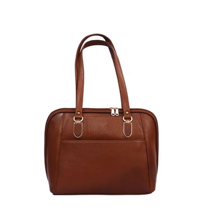 FHS Wide Space Genuine Leather Handbag for girls and women Brown