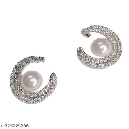 Rhodium-Plated Brass White American Diamond Studded Floral Shaped Studs Earrings For Girls And Women