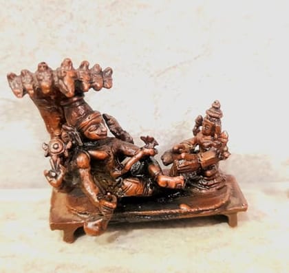 Searchers Paradise - Copper Idols god Vishnu with mahalakshmi Lying on adhisesha, 1.5 inches, Copper Handmade 52 Grams, Patina Antique Finish, Pack of 1 Piece