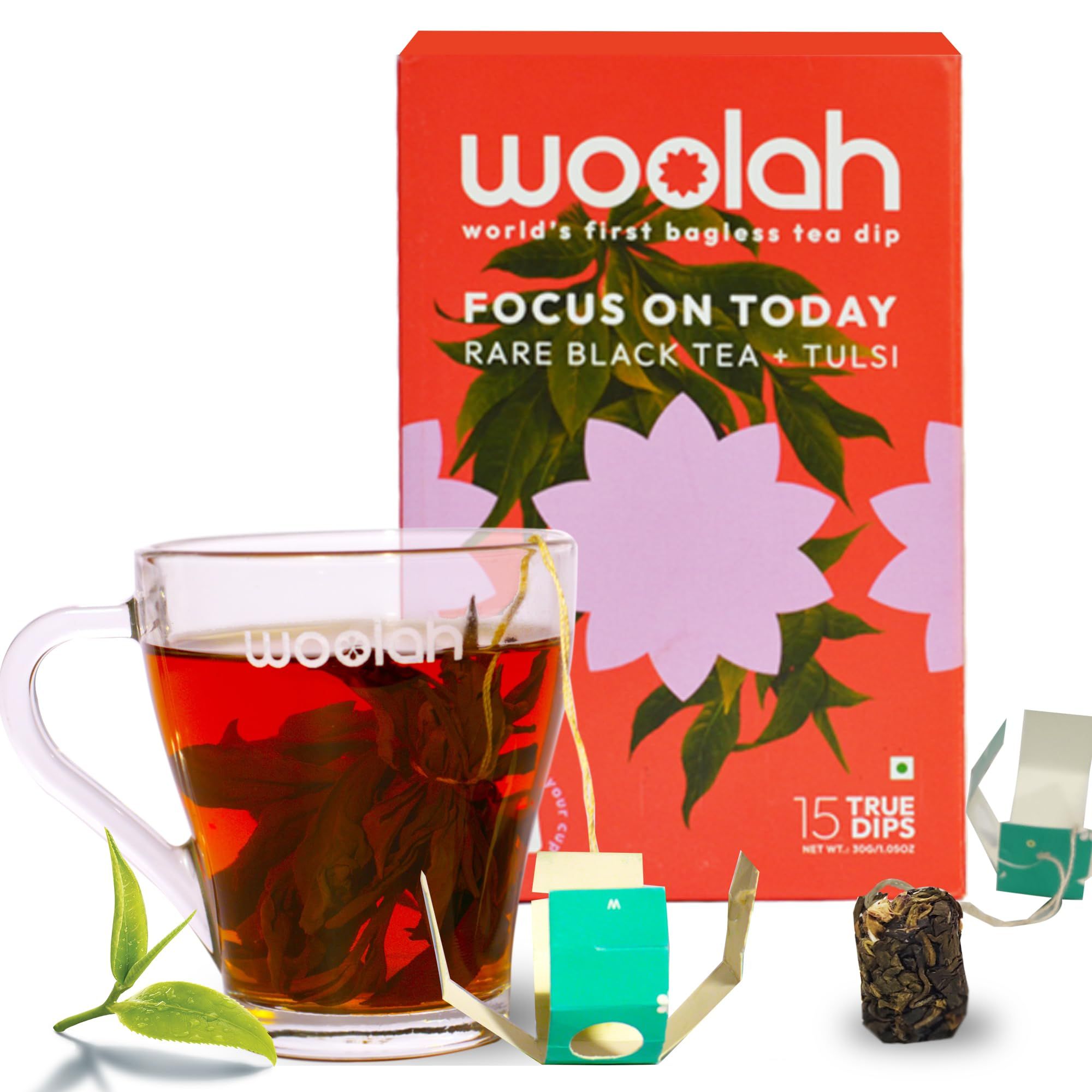 Woolah Rare Assam Tulsi Green Tea - World's 1st Bagless Whole Leaf Organic Tea Dip | 15 pcs | Single Origin Tea | Naturally Anti-Oxidant With Tulsi's Healing Properties | Plastic-free