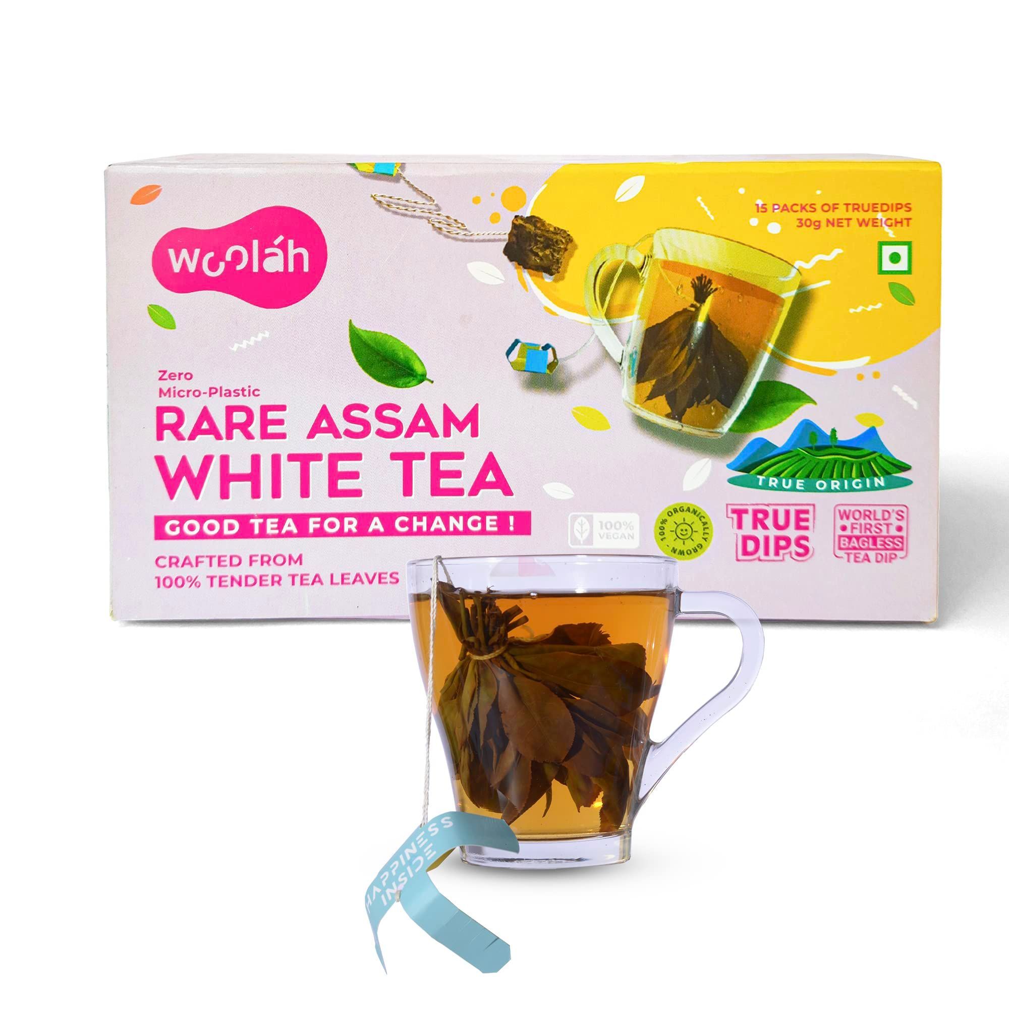 Woolah Rare Assam White Tea - World's 1st Bagless Whole Leaf Organic Tea Dip | 120 pcs (240 Cups) | Single Origin Tea | Naturally Anti-Oxidant | Relieves Stress | Plastic-free | Pack of 8