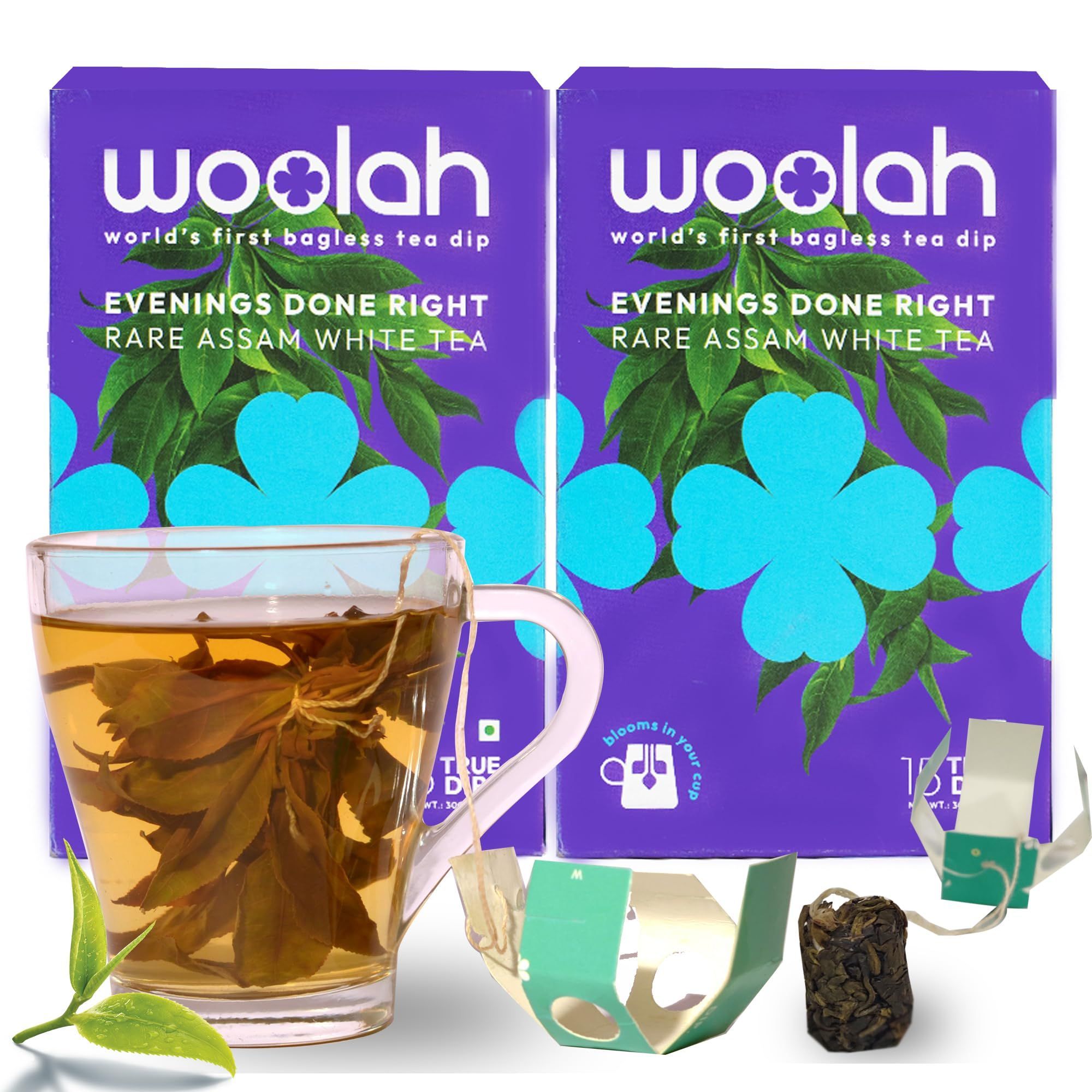 Woolah Rare Assam White Tea, Organic BAGLESS Tea Dip (2 Packs = 30 Dips /60 Cups) 100% PLASTIC FREE, Natural Whole Leaf, High EGCG anti-oxidants, BOOST METABOLISM, Improves SKIN HEALTH & Good for Heart.