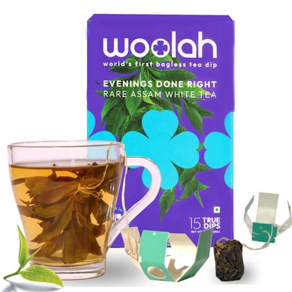 Woolah Rare Assam White Tea, Organic BAGLESS Tea Dip (15 Dips /30 Cups) 100% PLASTIC FREE, Natural Whole Leaf, High EGCG anti-oxidants, BOOST METABOLISM, Improves SKIN HEALTH & Good for Heart.