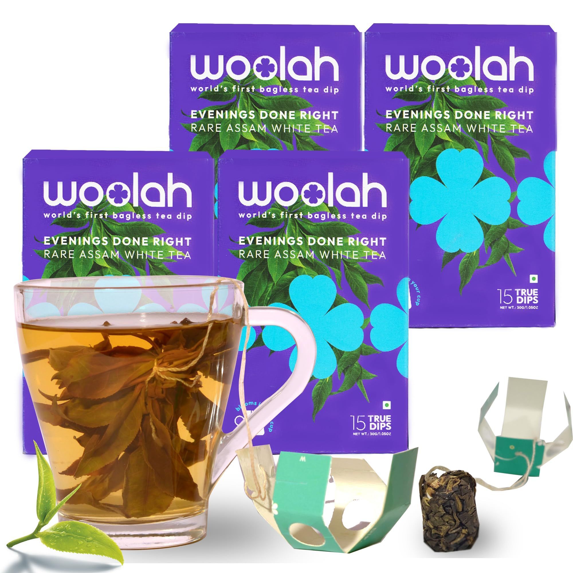 Woolah Rare Assam White Tea, Organic BAGLESS Tea Dip (4 Packs = 60 Dips /120 Cups) 100% PLASTIC FREE, Natural Whole Leaf, High EGCG anti-oxidants, BOOST METABOLISM, Improves SKIN HEALTH & Good for Heart.