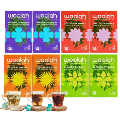 Woolah MONTHY COMBO of 8 Packs - World's 1st Bagless Whole Leaf Organic Tea Dip| 120 pcs | Naturally Anti-Oxidant | Relieves Stress | Plastic-free