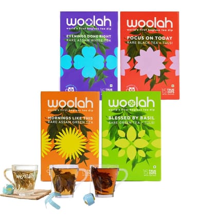 Woolah TRIAL COMBO Packs - 4 Packs - World's 1st Bagless Whole Leaf Organic Tea Dip| 60 pcs | Naturally Anti-Oxidant | Relieves Stress | Plastic-free