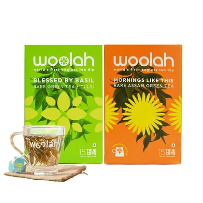 Woolah Rare Assam Green Tea + Woolah Rare Assam Green + Tulsi Tea - World's 1st Bagless Whole Leaf Organic Tea Dip | Combo Pack of 2