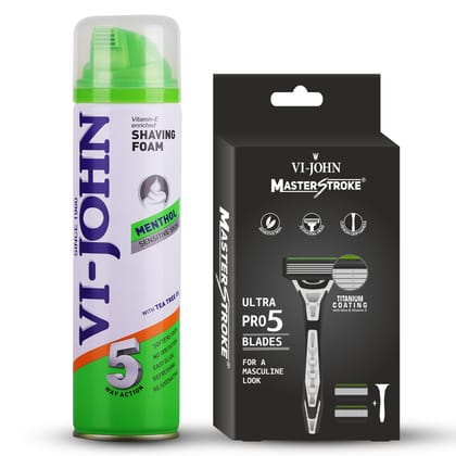 VI-JOHN Menthol Shaving Foam 200ml & Master Stoke Ultra Pro 5 Blade Shaving Razor For Men