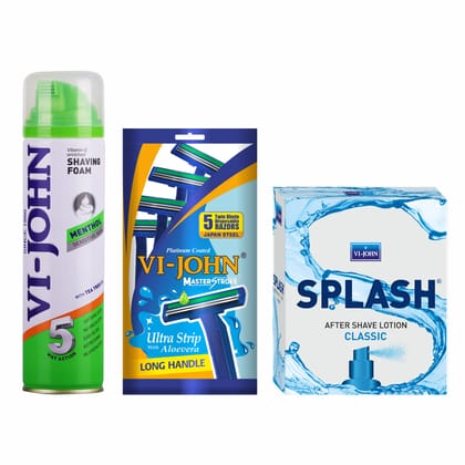 VI-JOHN Menthol Shaving Foam 200ml, Master Stroke Twin Blade Shaving Razors With Lubricating Aloe Vera Strip(Contain 5 Pcs) & All New Splash Original After Shave Lotion 100ml