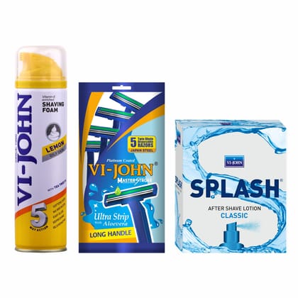 VI-JOHN Lemon Shaving Foam 200ml, Master Stroke Twin Blade Shaving Razors With Lubricating Aloe Vera Strip(Contain 5 Pcs) & All New Splash Original After Shave Lotion 100ml